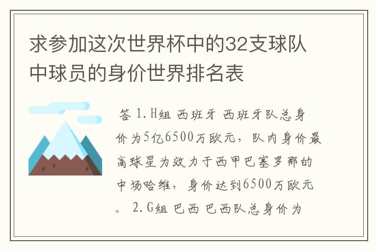 求参加这次世界杯中的32支球队中球员的身价世界排名表