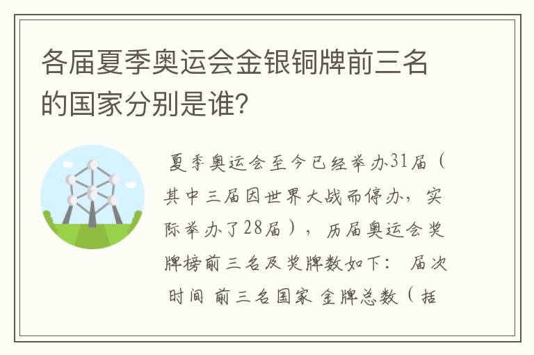 各届夏季奥运会金银铜牌前三名的国家分别是谁？