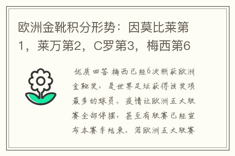 欧洲金靴积分形势：因莫比莱第1，莱万第2，C罗第3，梅西第6