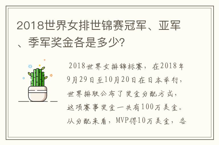 2018世界女排世锦赛冠军、亚军、季军奖金各是多少？