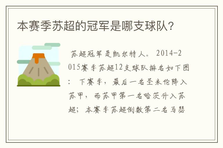 本赛季苏超的冠军是哪支球队?