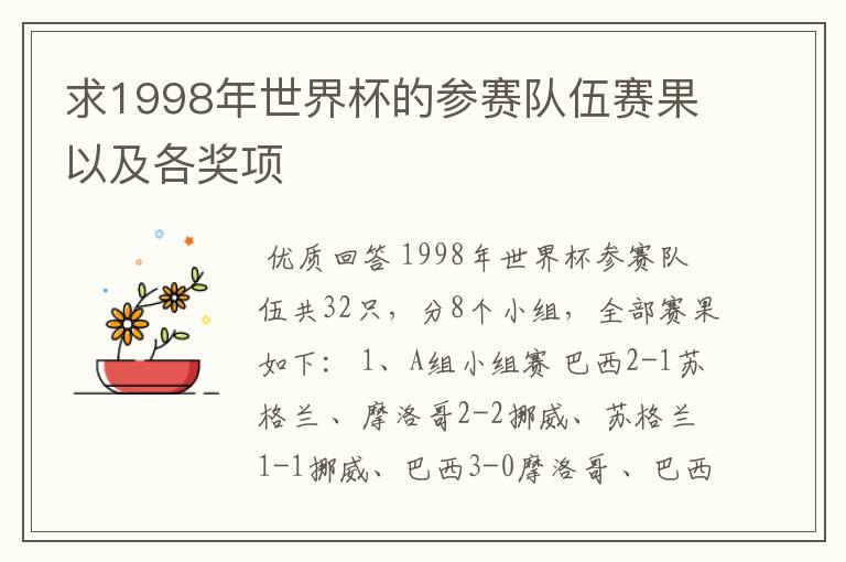 求1998年世界杯的参赛队伍赛果以及各奖项