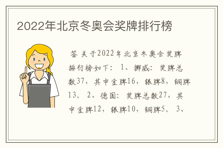 2022年北京冬奥会奖牌排行榜