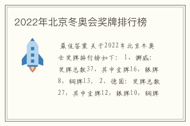 2022年北京冬奥会奖牌排行榜