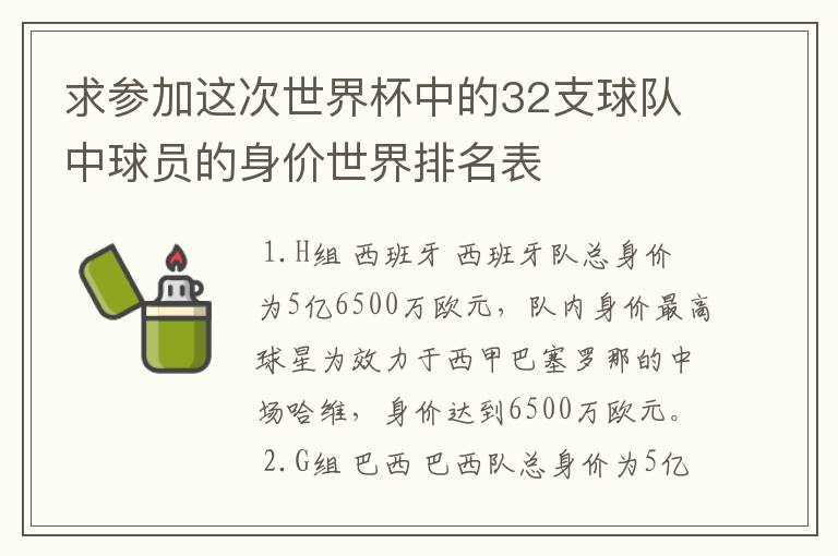 求参加这次世界杯中的32支球队中球员的身价世界排名表