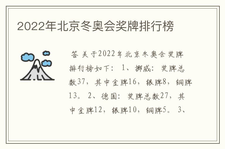 2022年北京冬奥会奖牌排行榜