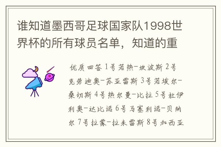 谁知道墨西哥足球国家队1998世界杯的所有球员名单，知道的重赏