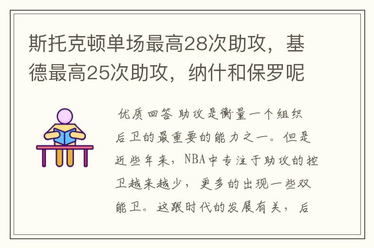 斯托克顿单场最高28次助攻，基德最高25次助攻，纳什和保罗呢？