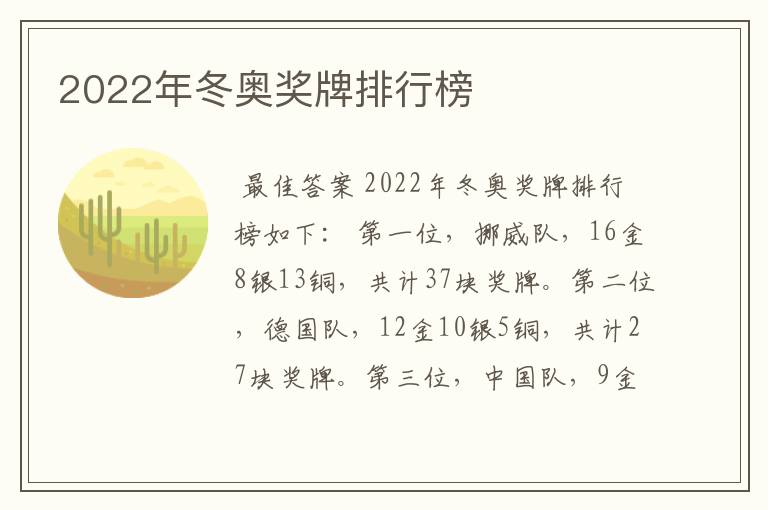 2022年冬奥奖牌排行榜