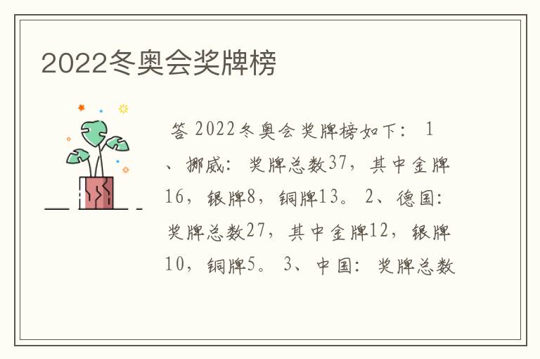 2022冬奥会奖牌榜