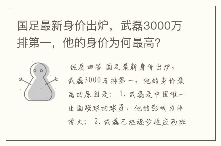 国足最新身价出炉，武磊3000万排第一，他的身价为何最高？