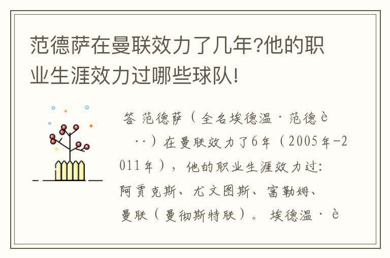 范德萨在曼联效力了几年?他的职业生涯效力过哪些球队!