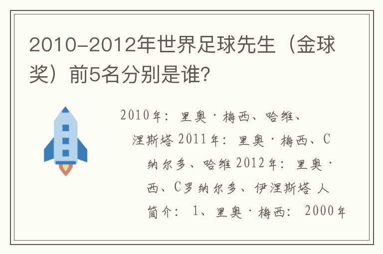 2010-2012年世界足球先生（金球奖）前5名分别是谁？