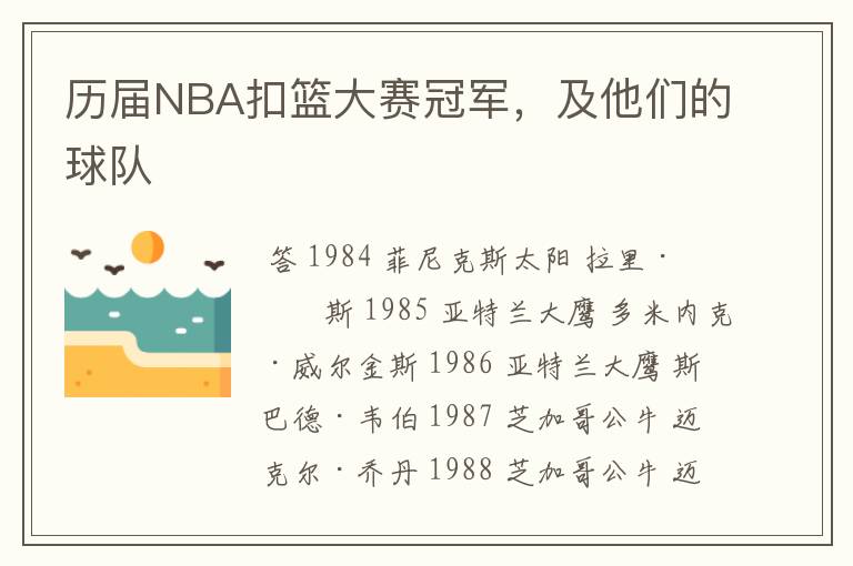 历届NBA扣篮大赛冠军，及他们的球队