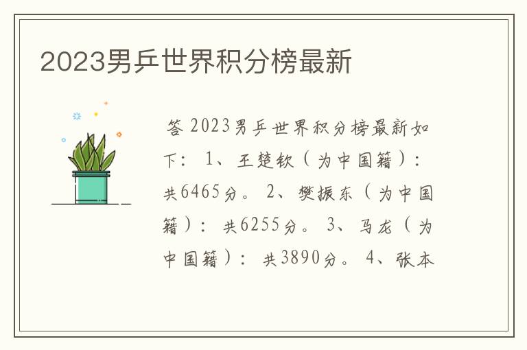 2023男乒世界积分榜最新