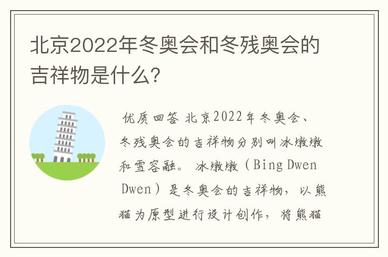 北京2022年冬奥会和冬残奥会的吉祥物是什么？