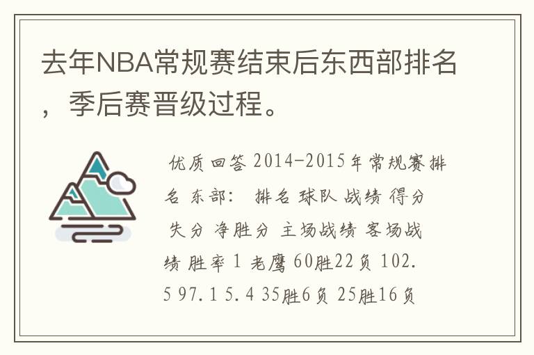 去年NBA常规赛结束后东西部排名，季后赛晋级过程。