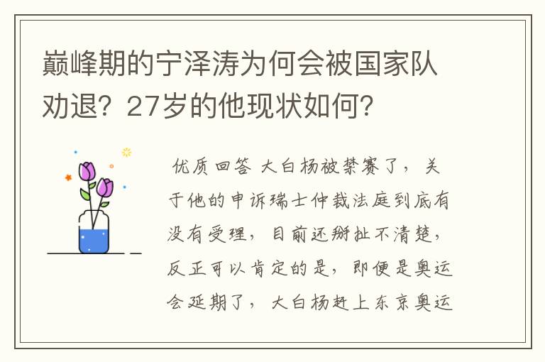 巅峰期的宁泽涛为何会被国家队劝退？27岁的他现状如何？