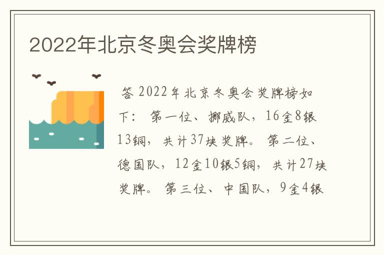 2022年北京冬奥会奖牌榜