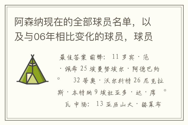 阿森纳现在的全部球员名单，以及与06年相比变化的球员，球员的俱乐部