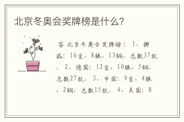 北京冬奥会奖牌榜是什么？