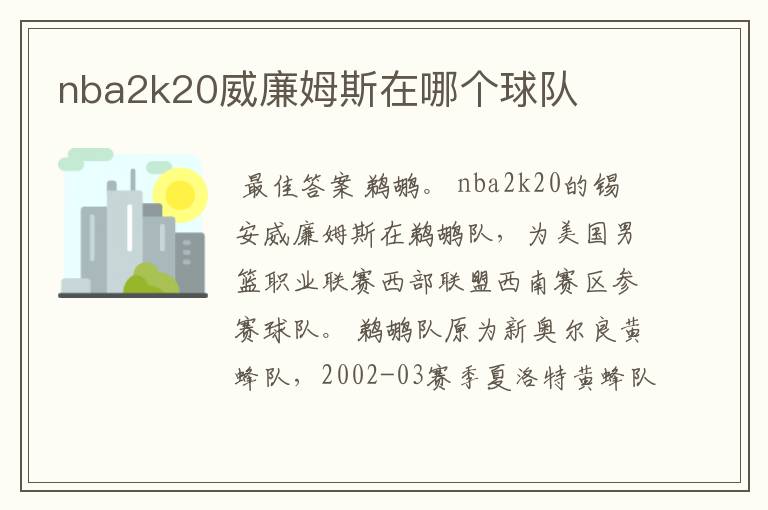 nba2k20威廉姆斯在哪个球队