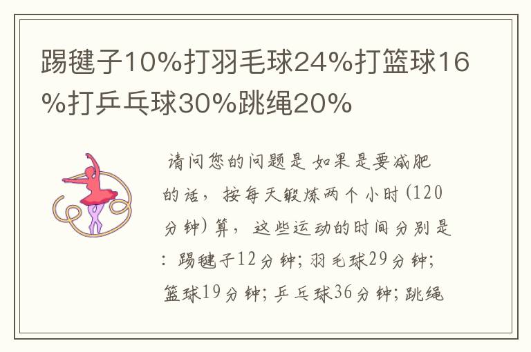 踢毽子10%打羽毛球24%打篮球16%打乒乓球30%跳绳20%