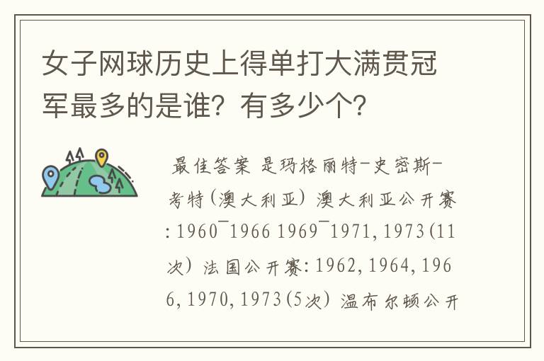 女子网球历史上得单打大满贯冠军最多的是谁？有多少个？