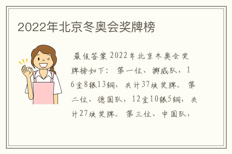 2022年北京冬奥会奖牌榜