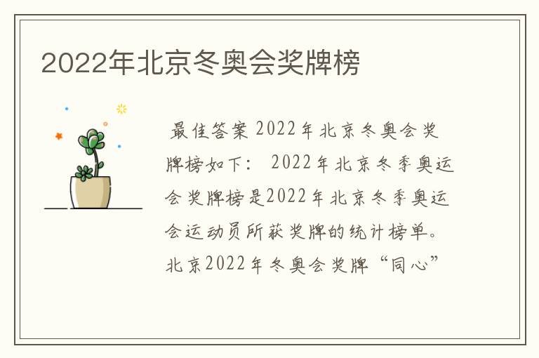 2022年北京冬奥会奖牌榜