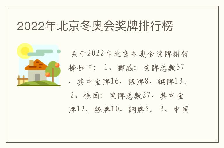 2022年北京冬奥会奖牌排行榜