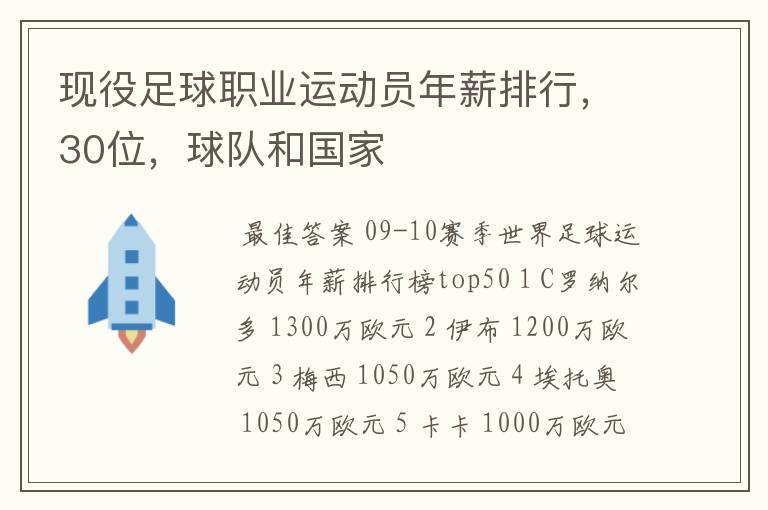 现役足球职业运动员年薪排行，30位，球队和国家