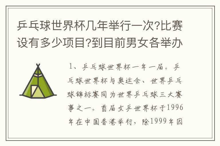 乒乓球世界杯几年举行一次?比赛设有多少项目?到目前男女各举办了几届