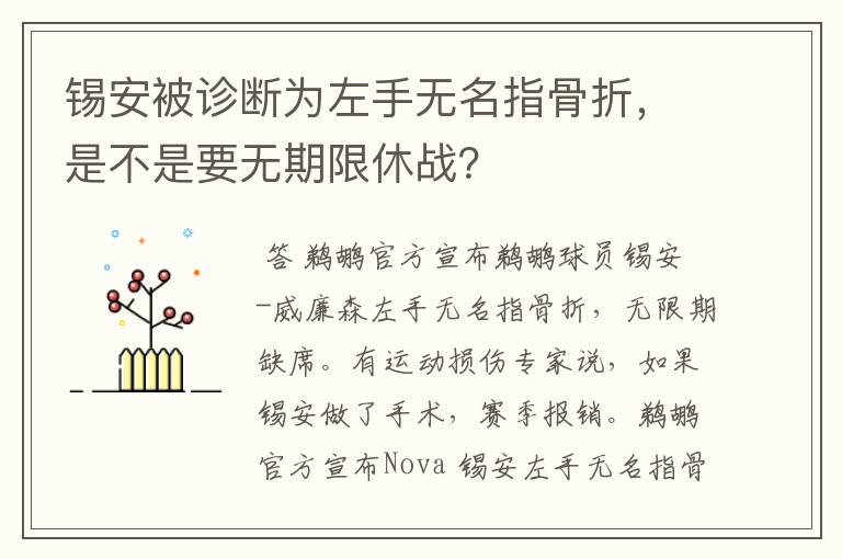 锡安被诊断为左手无名指骨折，是不是要无期限休战？