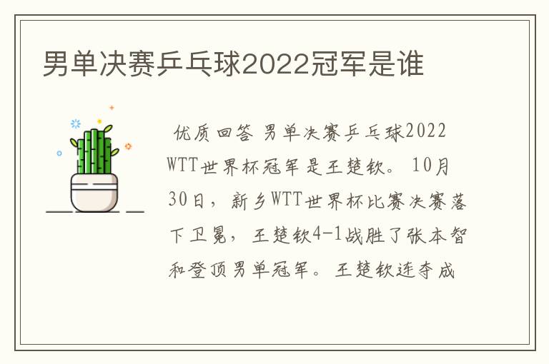 男单决赛乒乓球2022冠军是谁