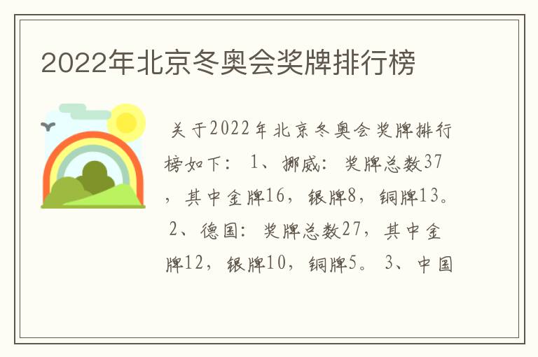 2022年北京冬奥会奖牌排行榜