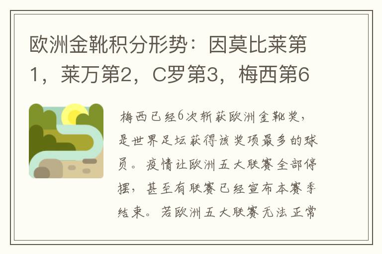 欧洲金靴积分形势：因莫比莱第1，莱万第2，C罗第3，梅西第6