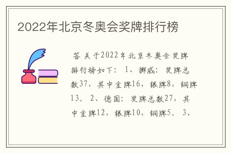 2022年北京冬奥会奖牌排行榜