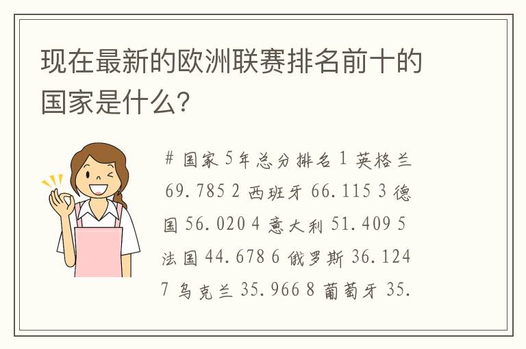 现在最新的欧洲联赛排名前十的国家是什么？