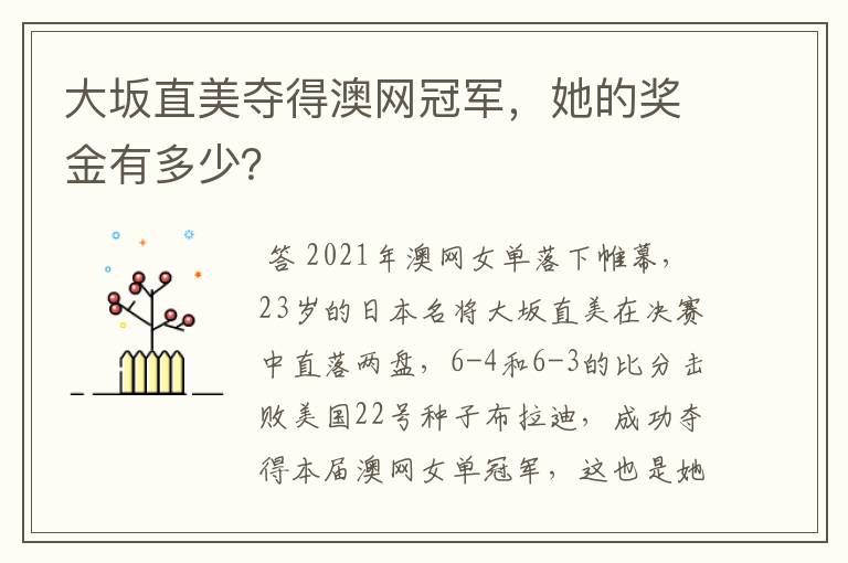 大坂直美夺得澳网冠军，她的奖金有多少？