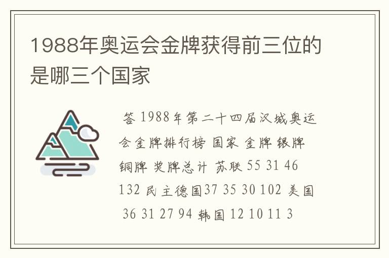 1988年奥运会金牌获得前三位的是哪三个国家