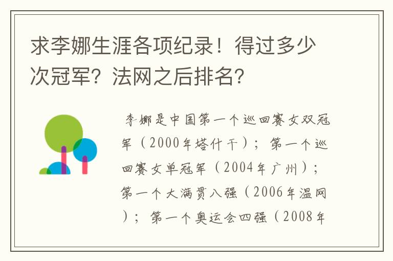 求李娜生涯各项纪录！得过多少次冠军？法网之后排名？