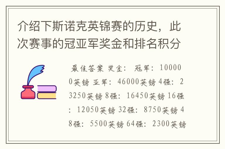 介绍下斯诺克英锦赛的历史，此次赛事的冠亚军奖金和排名积分各是多少？