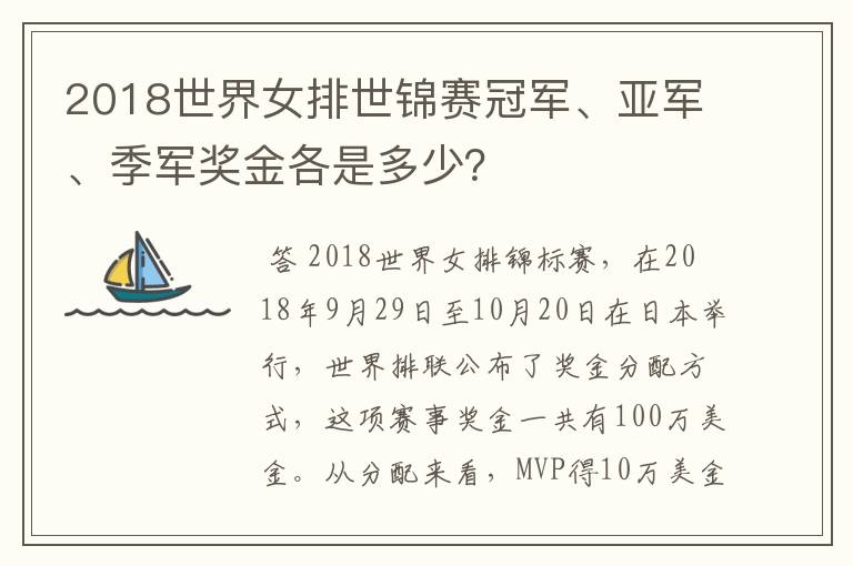 2018世界女排世锦赛冠军、亚军、季军奖金各是多少？