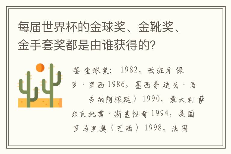 每届世界杯的金球奖、金靴奖、金手套奖都是由谁获得的？