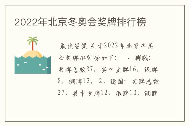 2022年北京冬奥会奖牌排行榜