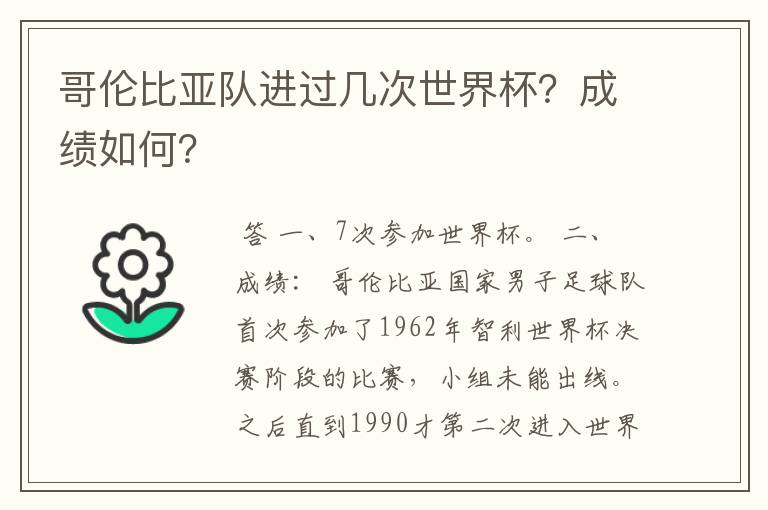 哥伦比亚队进过几次世界杯？成绩如何？