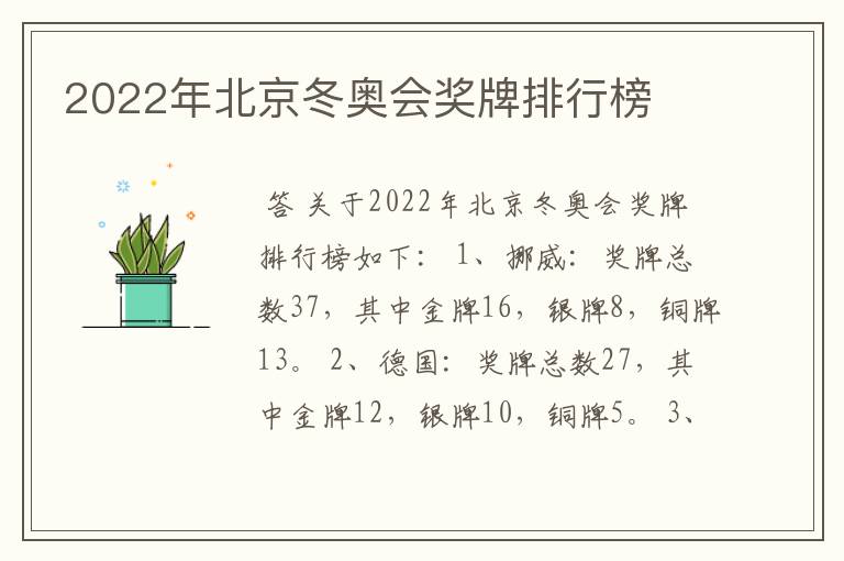 2022年北京冬奥会奖牌排行榜