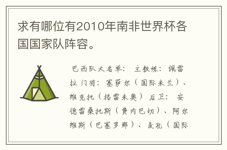 求有哪位有2010年南非世界杯各国国家队阵容。