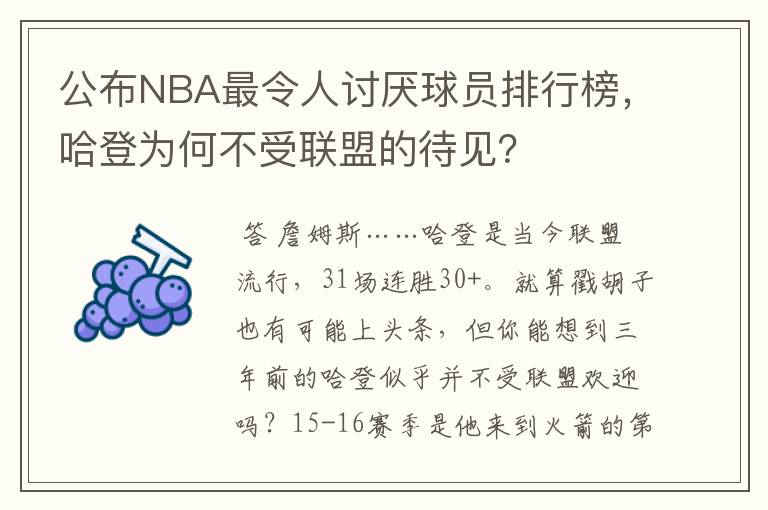 公布NBA最令人讨厌球员排行榜，哈登为何不受联盟的待见？